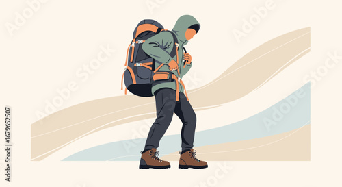 Illustration of hiker in trekking gear with backpack in a minimalist vector design