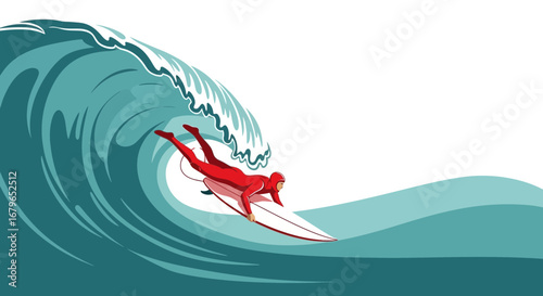Illustration of a Surfer Riding a Wave in a Vibrant and Energetic Style