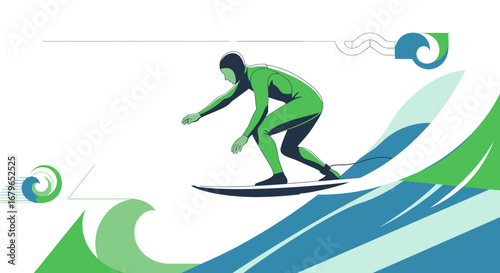 Illustration of a Surfer Riding a Wave in Minimalist Green and Blue Colors Style