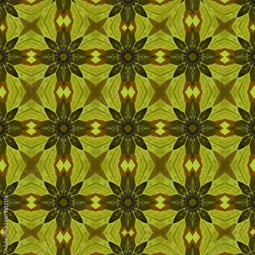 Wallpaper Mural Geometric floral pattern with repeating star shapes in earthy green and brown tones Torontodigital.ca