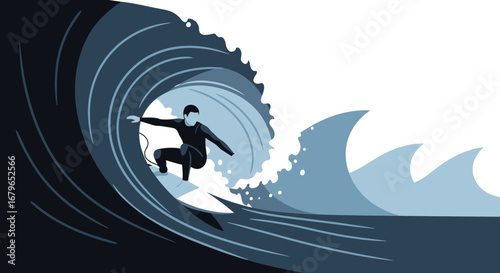 Illustration of a surfer riding a wave in the ocean in minimalist style