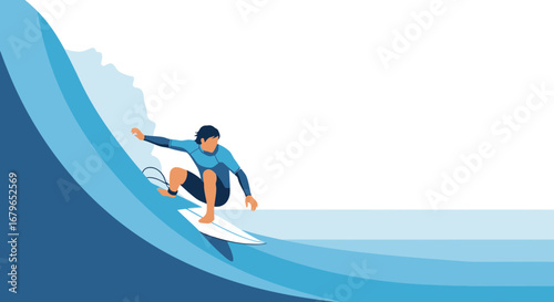 Illustration of a surfer riding a wave in the ocean minimal style, blue color