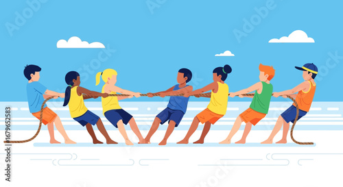 Illustration of kids playing tug-of-war on a beach with blue sky and clouds