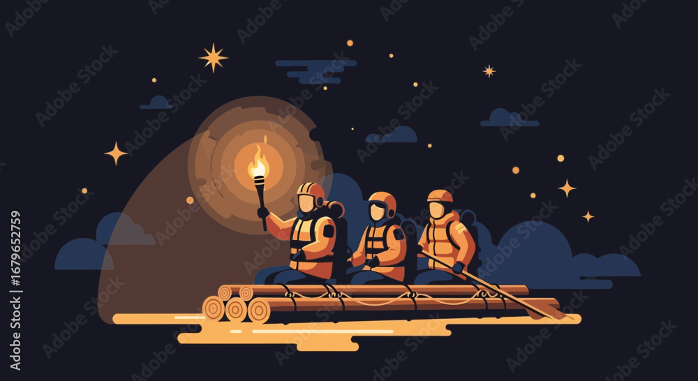 Naklejka premium Illustration of people on a raft navigating at night and the light of a torch