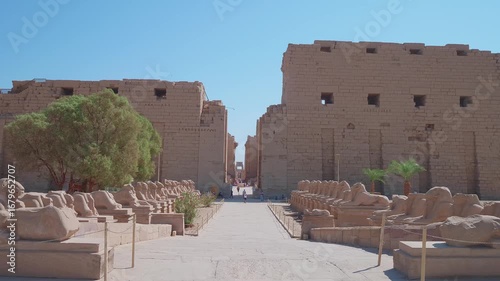 Footage showcasing the majestic Karnak Temple complex in Luxor, Egypt, featuring the iconic Avenue of Sphinxes leading to the grand entrance of the temple.