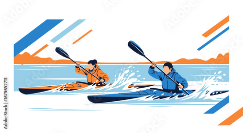 Illustration of people kayaking in the water, vibrant colors and minimalist style
