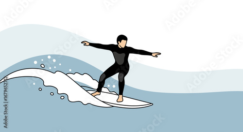 Illustration of a surfer riding a wave with a black wetsuit during a sunny day