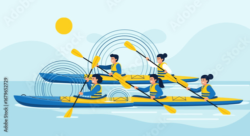 Illustration of people kayaking on a lake, enjoying a sunny day of recreational fun