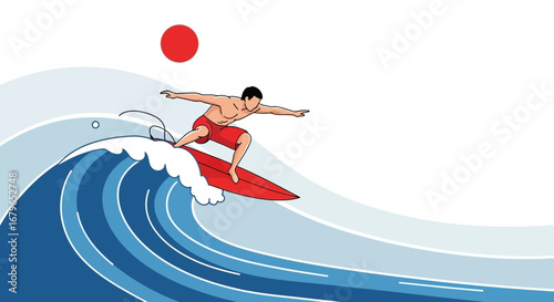 Illustration of a surfer riding a wave with a red surfboard and circular sun overhead