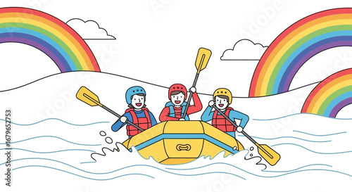 Illustration of people rafting and enjoying outdoors with rainbows on the background