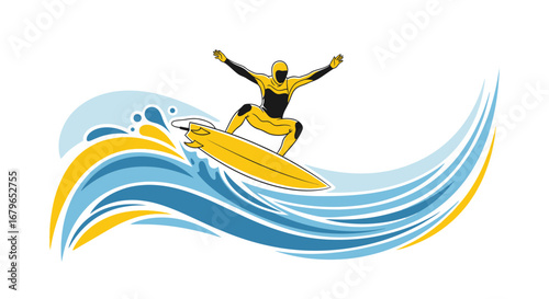 Illustration of a Surfer Riding a Wave with a Yellow and Blue Color Scheme