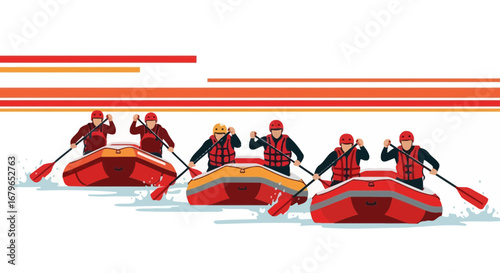 Illustration of people rafting down a river on a sunny day adventure sport