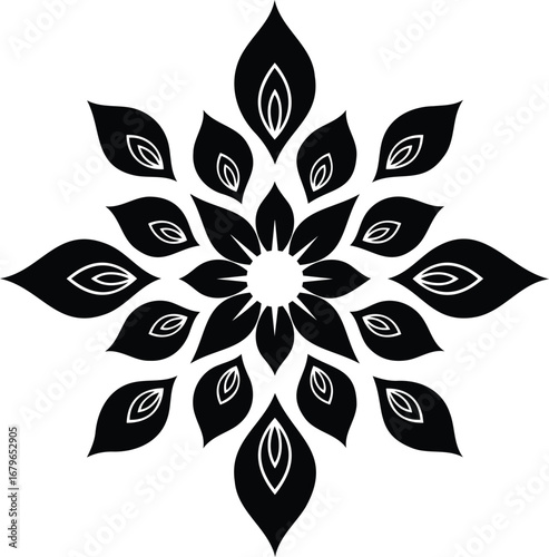 Floral Symmetry: An exquisite design featuring an abstract black flower in full bloom. The intricate symmetrical patterns symbolize harmony and elegance. A stunning visual statement.
