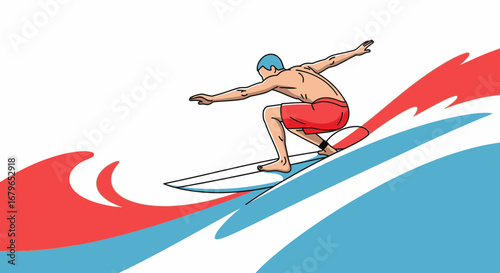 Illustration of a surfer riding a wave, with a dynamic and colorful design