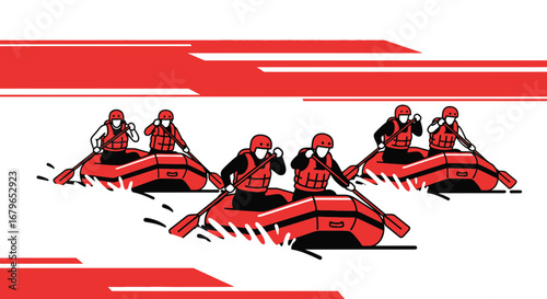 Illustration of Rafting Adventure: Team Paddling in White Water Rapids in Vector
