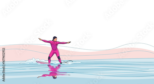 Illustration of a surfer surfing on the ocean in a pink diving suit with reflection