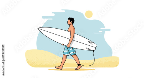 Illustration of a surfer walking on the beach carrying a surfboard ready for surfing