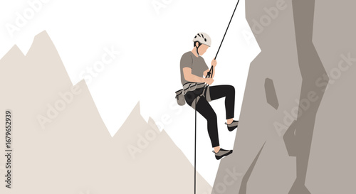 Illustration of Rock Climber descending a cliff face or climbing a mountain on a rope