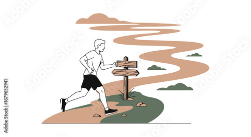 Illustration of Runner Navigating a Path with Direction Sign on a White Background