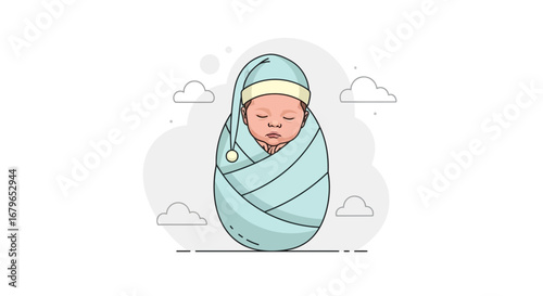 Illustration of a Swaddled Baby Asleep, Representing Sleep and Childhood in a Vector Format