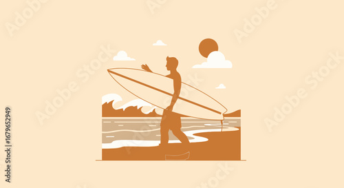 Illustration of a surfer walking on the beach with a surfboard at sunset