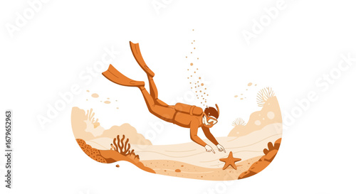 Illustration of Scuba Diver Exploring the Underwater World and Interacting with Marine Life.