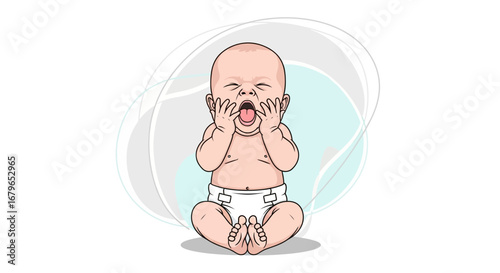 Illustration Of Screaming Infant With Open Mouth And Diaper, Cartoon Baby Concept