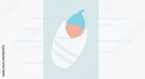 Illustration of a swaddled baby in a blue hat against a light colored background