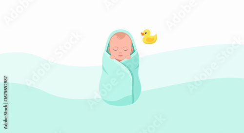 Illustration of a Swaddled Baby Sleeping Peacefully with a Rubber Duck Friend