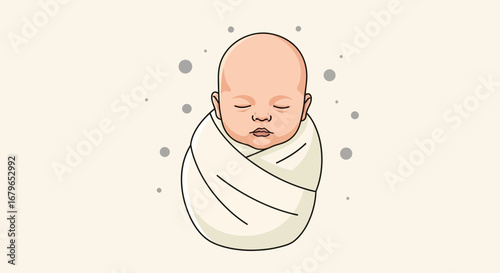 Illustration of a swaddled baby sleeping peacefully with a soft and elegant design