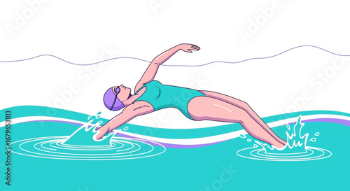 Illustration Of A Swimmer Doing Backstroke In A Pool Of Water With Bright Colors
