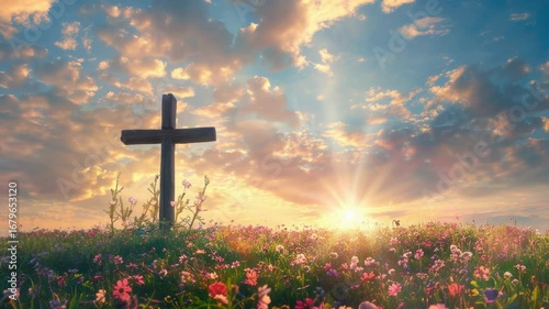 A cross sits in the middle of a beautiful flower field, suitable for use as a symbol of faith or spirituality