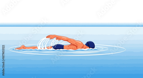 Illustration of a swimmer doing the front crawl stroke in a blue pool
