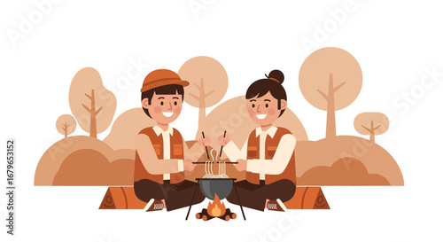 Illustration of two friends enjoying camping and cooking noodles together in nature