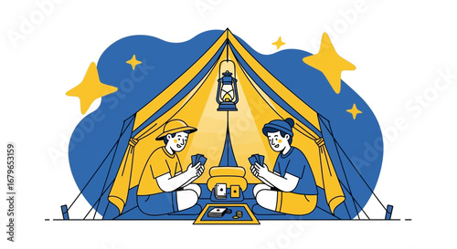 Illustration of two friends playing cards inside a tent during camping at night