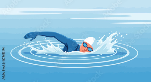 Illustration of a swimmer in action, freestyle stroke, inside the water, competition