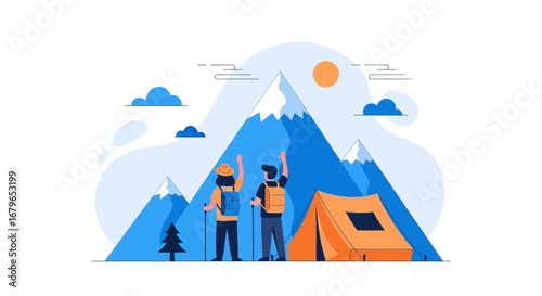 Illustration of two hikers in front of mountains with a tent and sun minimal design
