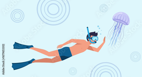Illustration of a swimmer with flippers and a snorkel approaching a jellyfish in the ocean