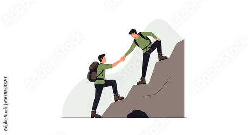 Illustration of two people helping each other climb a mountain helping achieve success