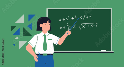 Illustration of a teacher explaining a math problem on a chalkboard in a classroom setting