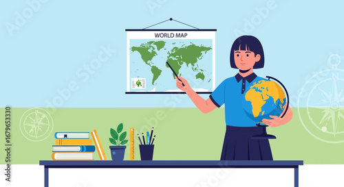 illustration of a teacher explaining the world map holding a globe and teaching about geography