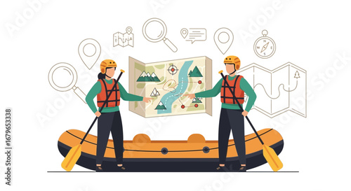 Illustration of two people planning a rafting trip with a map adventure themed