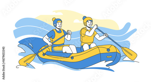 Illustration of two people rafting in a boat on a river during a sunny day