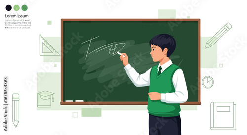 Illustration of a teacher writing on a chalkboard in an educational setting