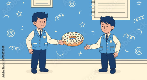 Illustration of two people sharing a donut with a blue background cartoon design