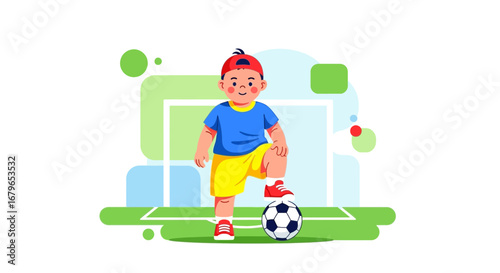 Illustration of Young Boy with Soccer Ball Standing on the Field