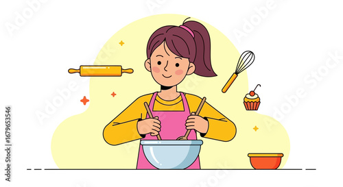 Illustration of a woman baking in the kitchen mixing ingredients for a cake or dessert