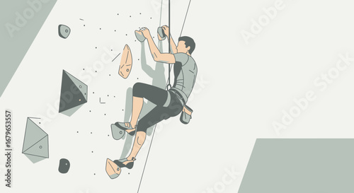 Illustration Showing a Person Climbing and Practicing on an Indoor Climbing Wall