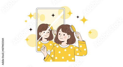 Illustration of a woman brushing her hair in front of a mirror everyday self-care routine
