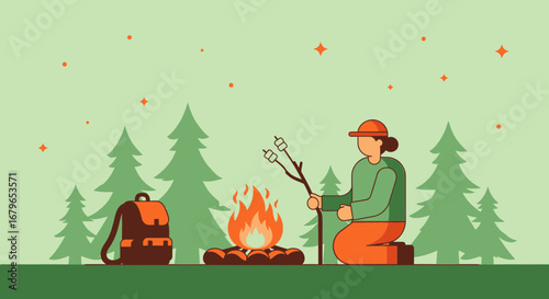 Illustration of a woman camping, roasting marshmallows, and enjoying the outdoors